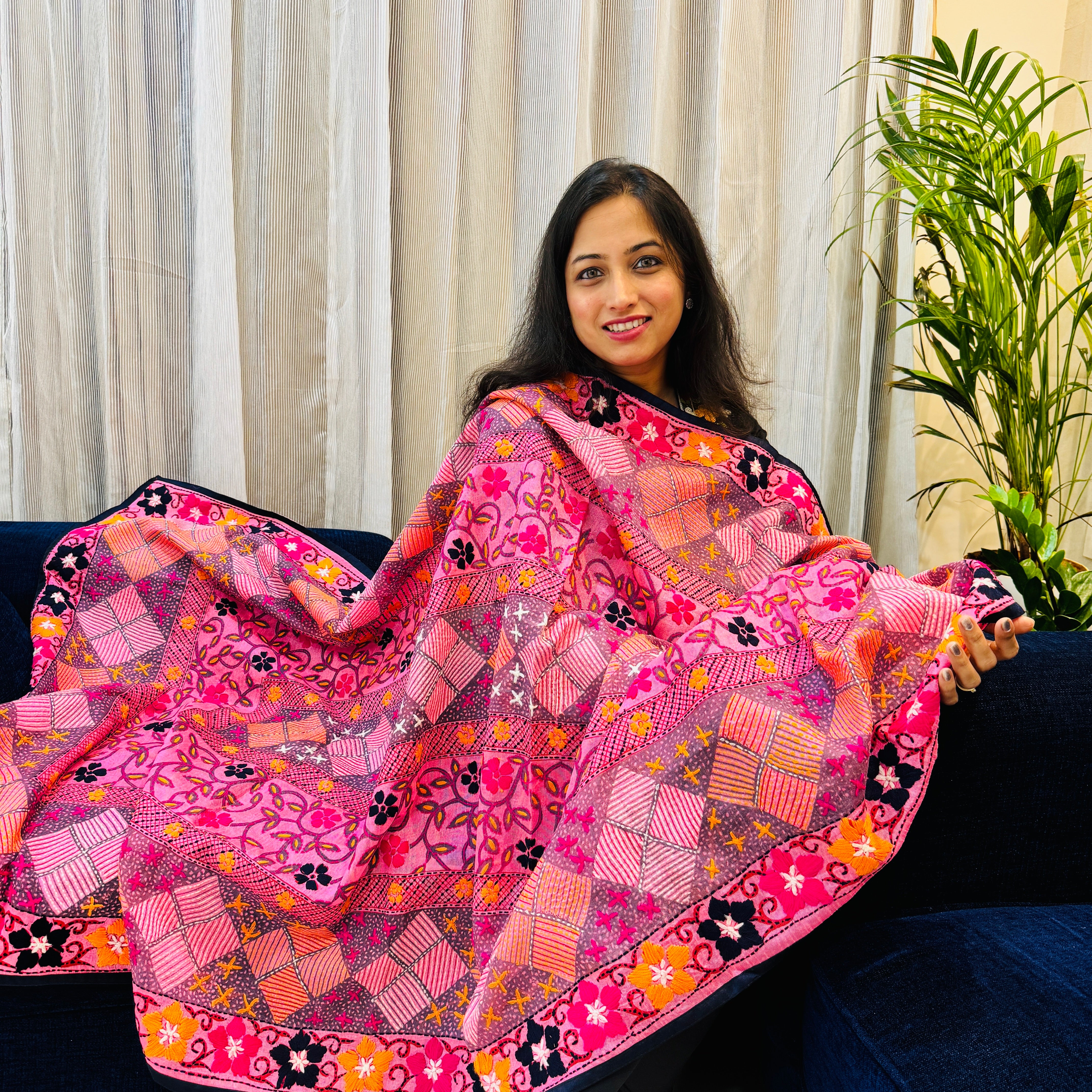 Phulkari Hand-Embroidered & Hand Painted Dupatta- Pink