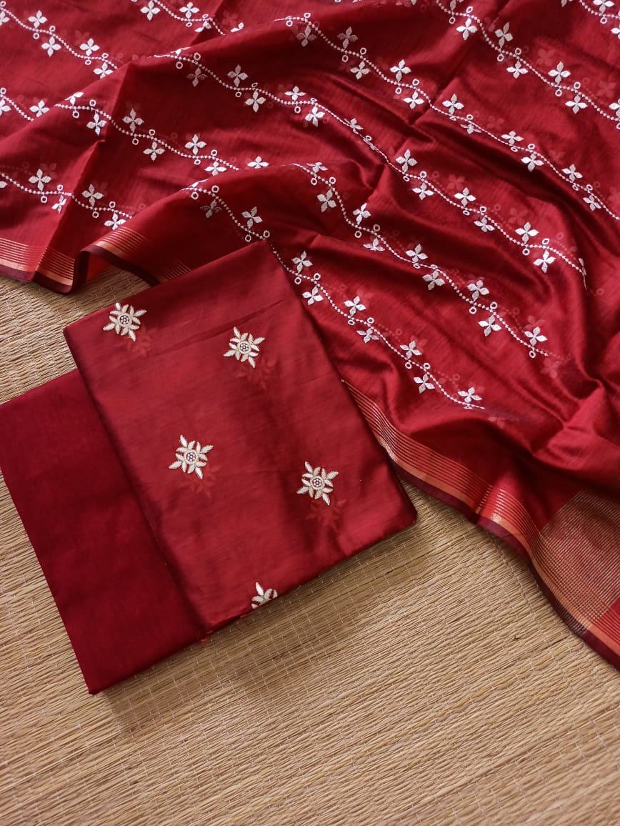 Banarasi Chanderi silk self Embroidery Suit materials Black, Magenta, Red, Green, Light Oileve