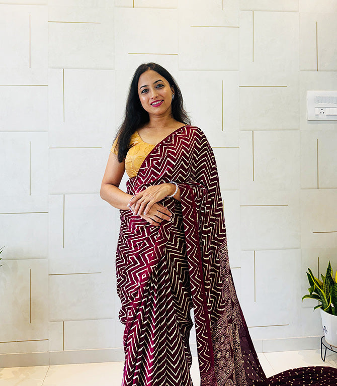 Modal Mashroo Silk Ajrakh Saree With Natural Dyes - Red, Maroon, Black, Brown, Mustard Yellow, Bottle Green, Rani Pink, Navy Blue.