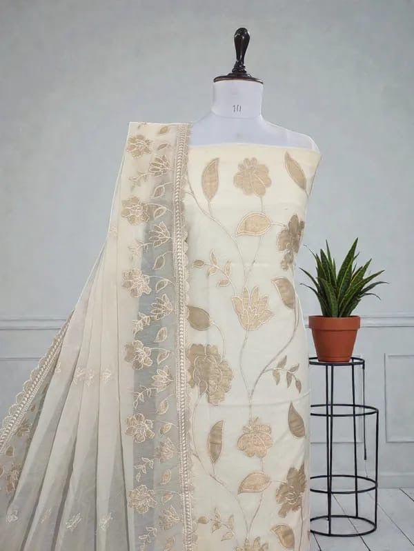 Banarasi Chanderi silk self embroidery with applique work