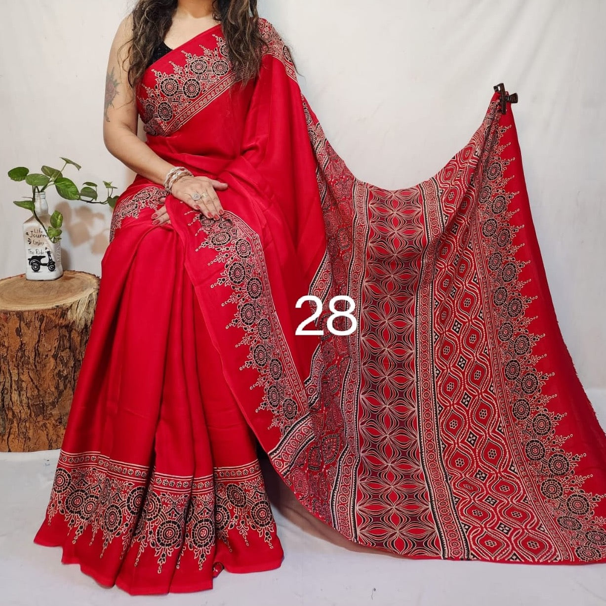 Modal Silk Ajrakh Saree With Natural Dyes - Black, Maroon, Red, Yellow