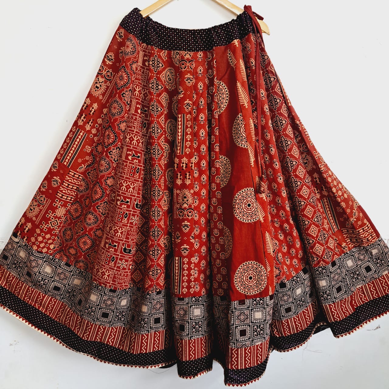 Cotton Ajrakh skirt - Black, Red