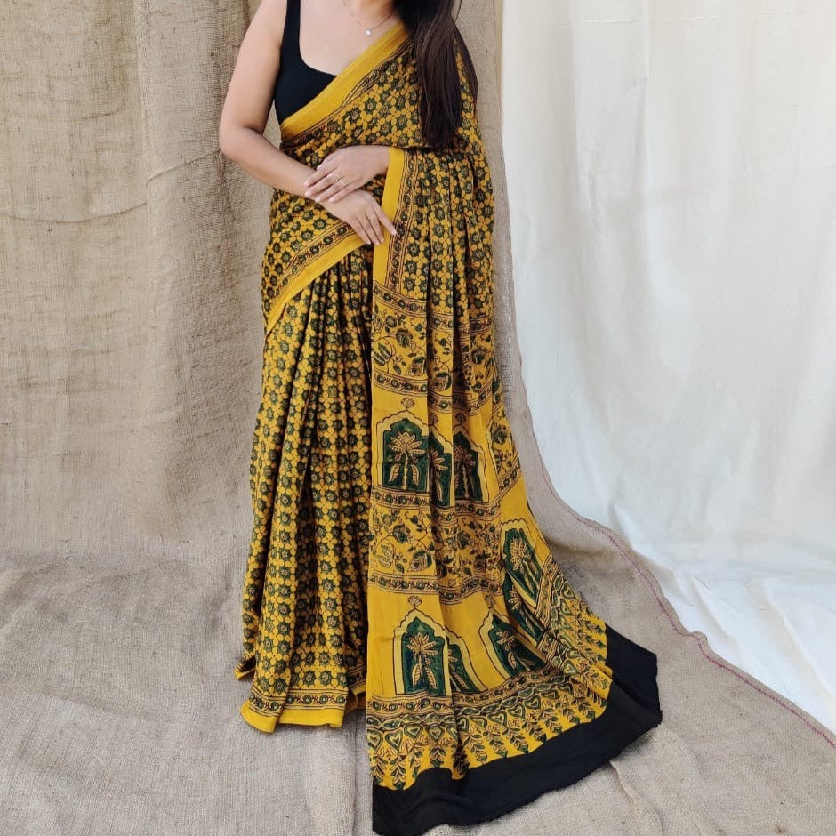 Modal Silk Ajrakh Saree With Natural Dyes - Yellow, Black, Blue
