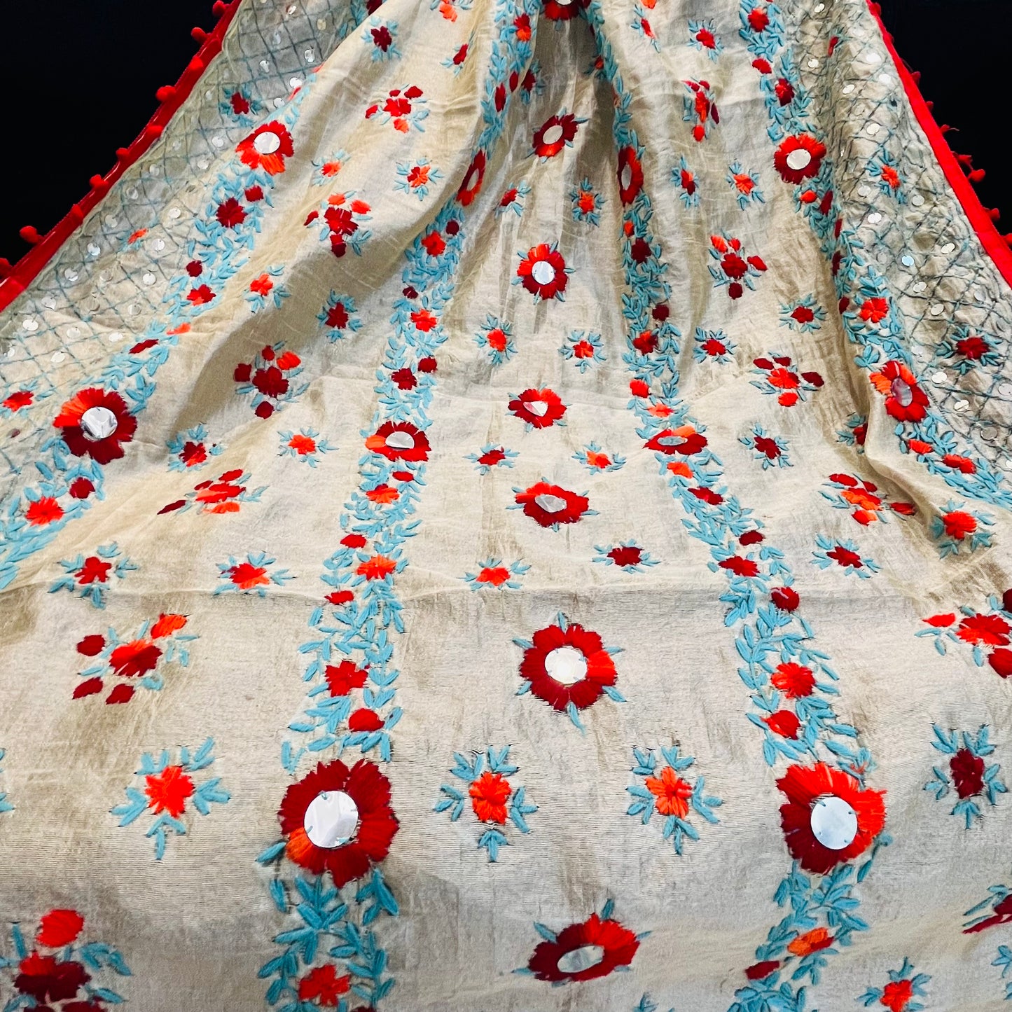Hand-Embroidered Chanderi Dupatta- Beige With Multi-Coloured Threadwork and Pompom
