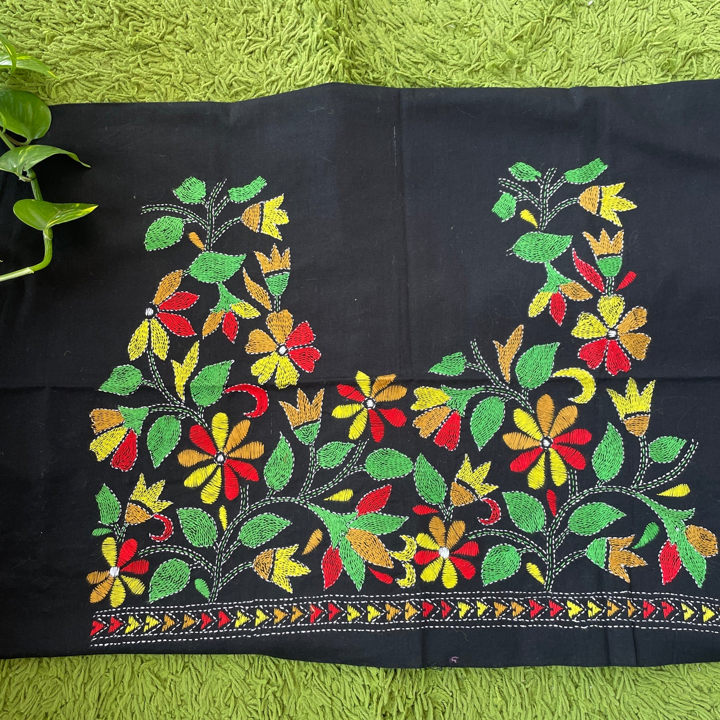 Hand Embroidered Kantha Blouse Pieces - Black, Green, Pink, Yellow,