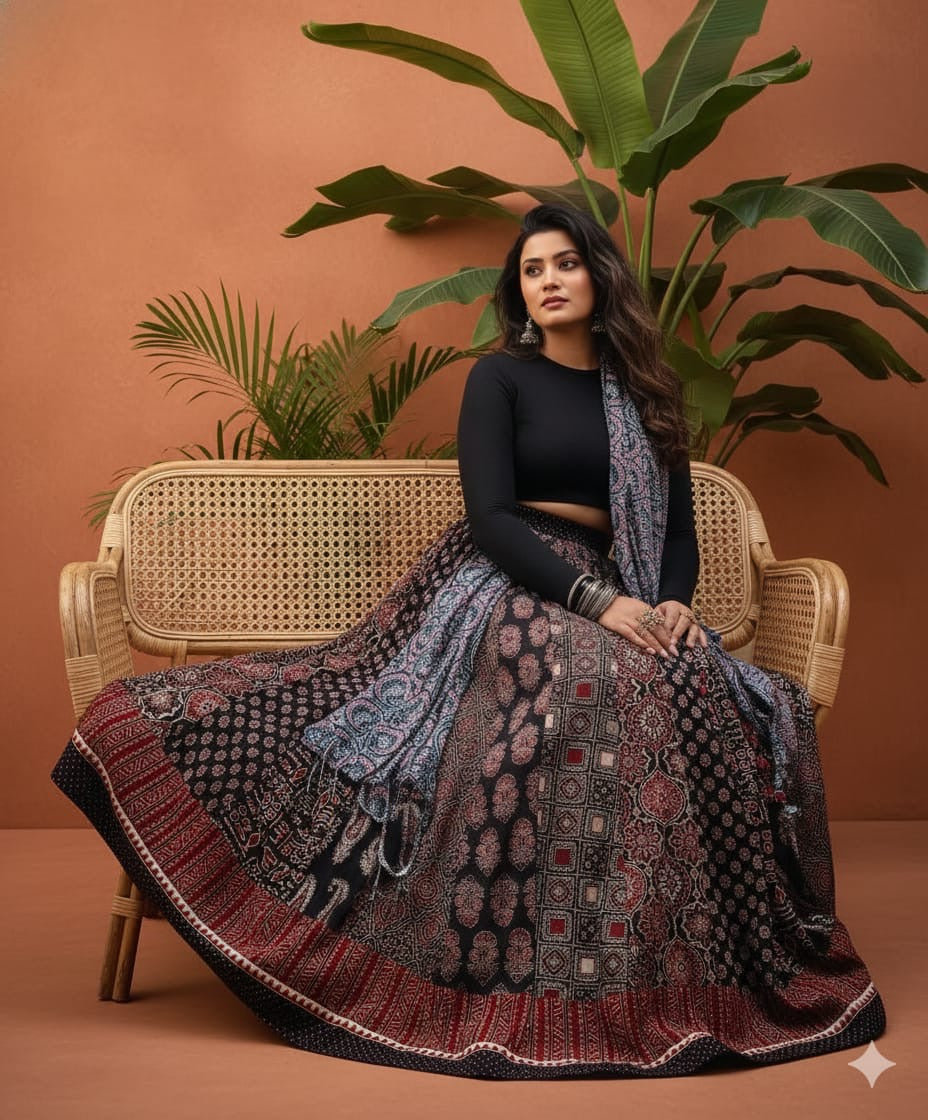 Cotton Ajrakh Skirts - Red and Black with 6 meter Flare