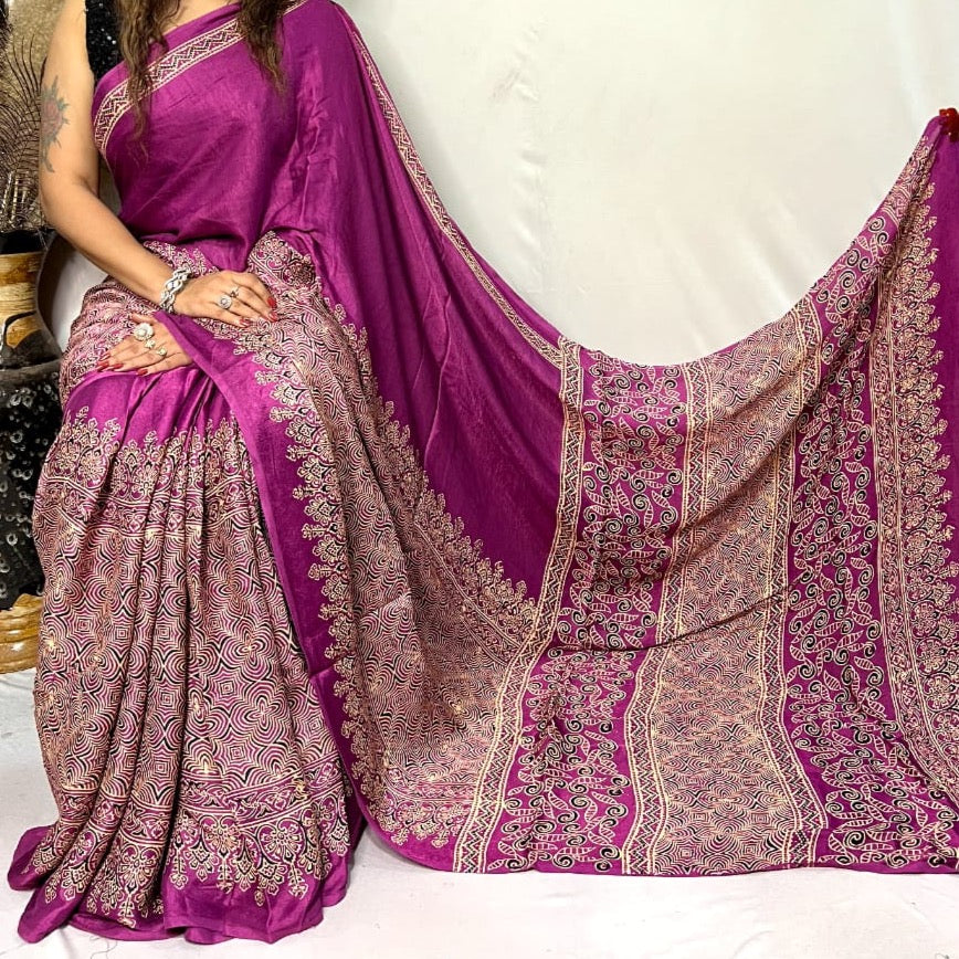 Modal Silk Ajrakh Saree With Natural Dyes - Black, Maroon, Red, Yellow