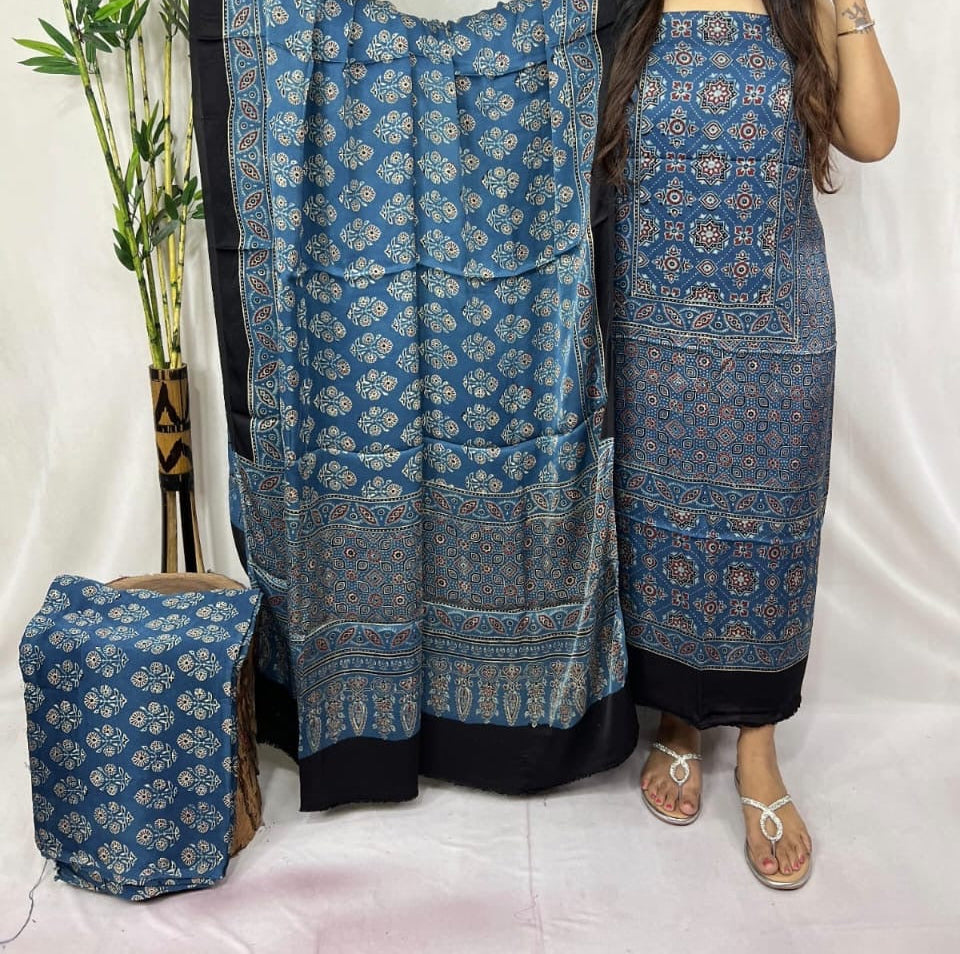 Pure modal silk hand block Ajrakh 3 suit material - Indigo with different hand block prints