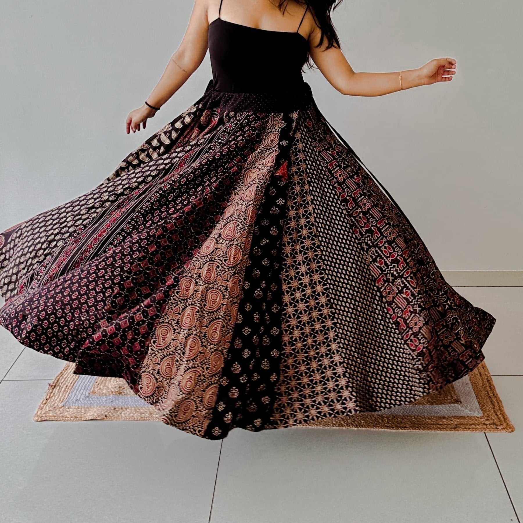 Cotton Ajrakh Skirts Red and Black with 12 meter Flare – Phulari