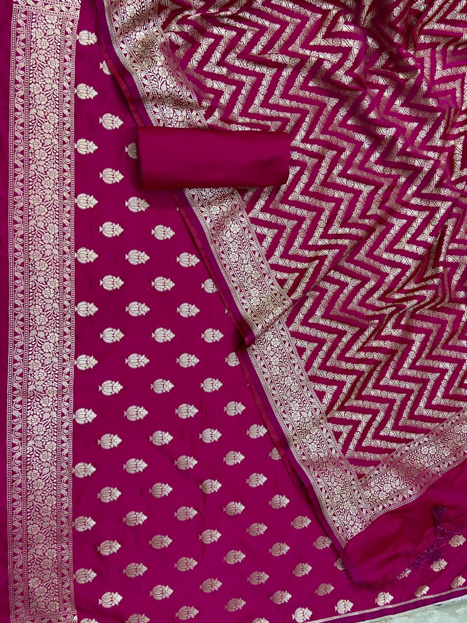Banarasi Katan Mashroo Silk Unstitched Suit Material Red, Yellow, Navy, Hot Pink, Purple, Lavender