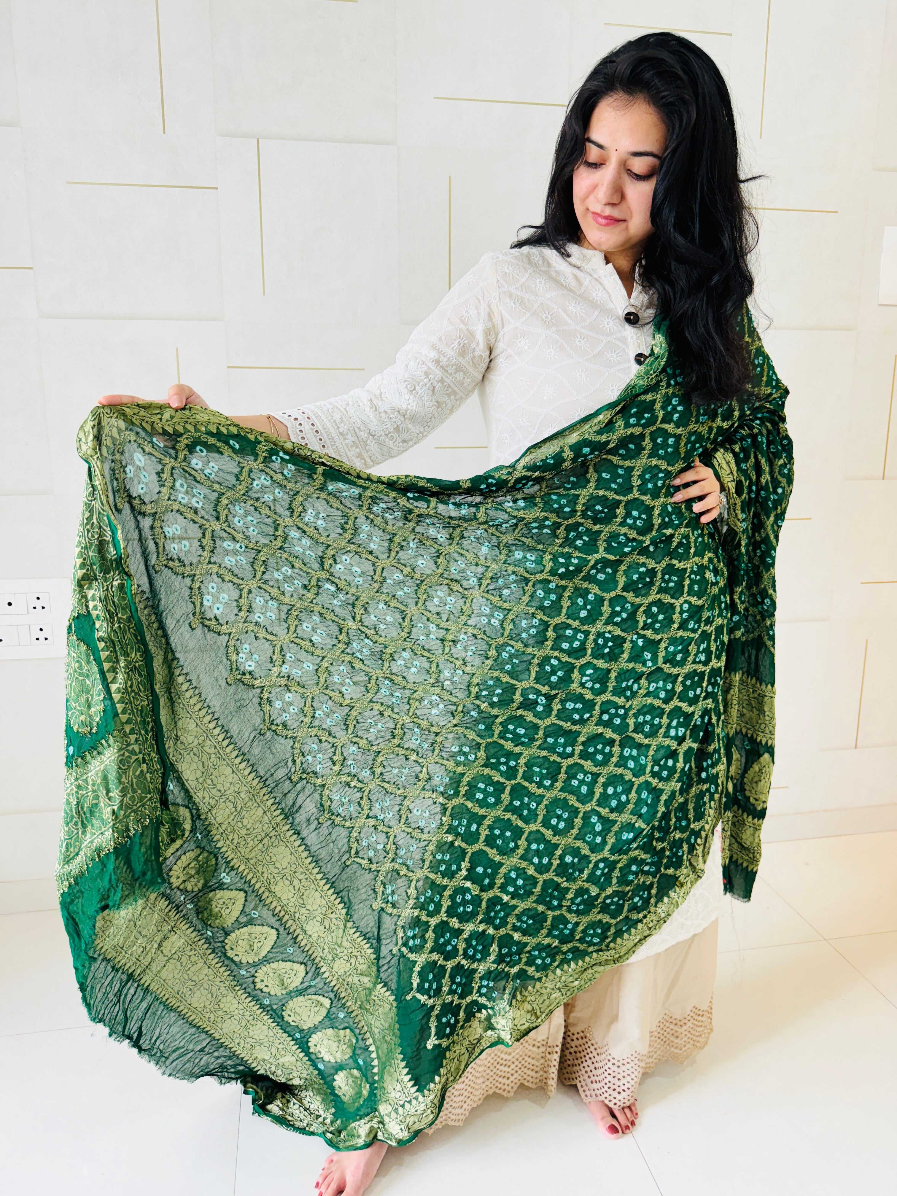 Pure Georgette Bandhani Banarasi Dupatta - Green