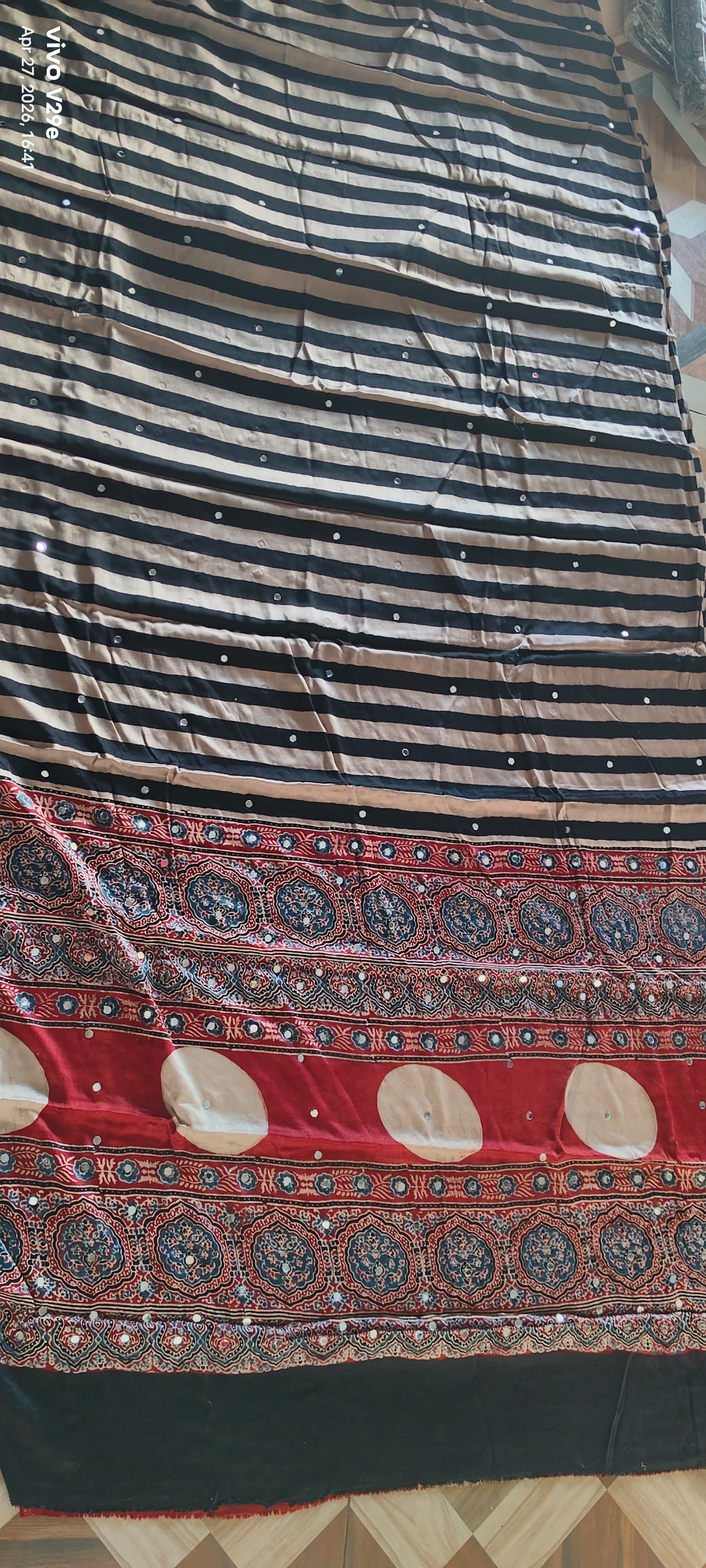Modal Silk Ajrakh Saree With Natural Dyes and with Mirror Work- Black