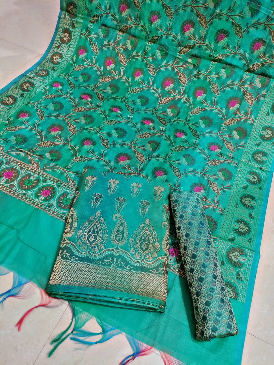 Banarasi Cotton Silk Unstitched Suit Material - Sea Blue, Pink, Peach, Green