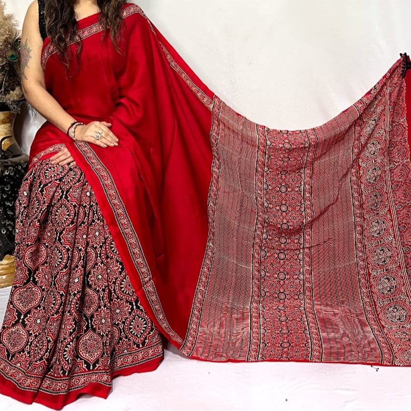 Modal Silk Ajrakh Saree With Natural Dyes - Coffee Brown, Maroon, Red,
