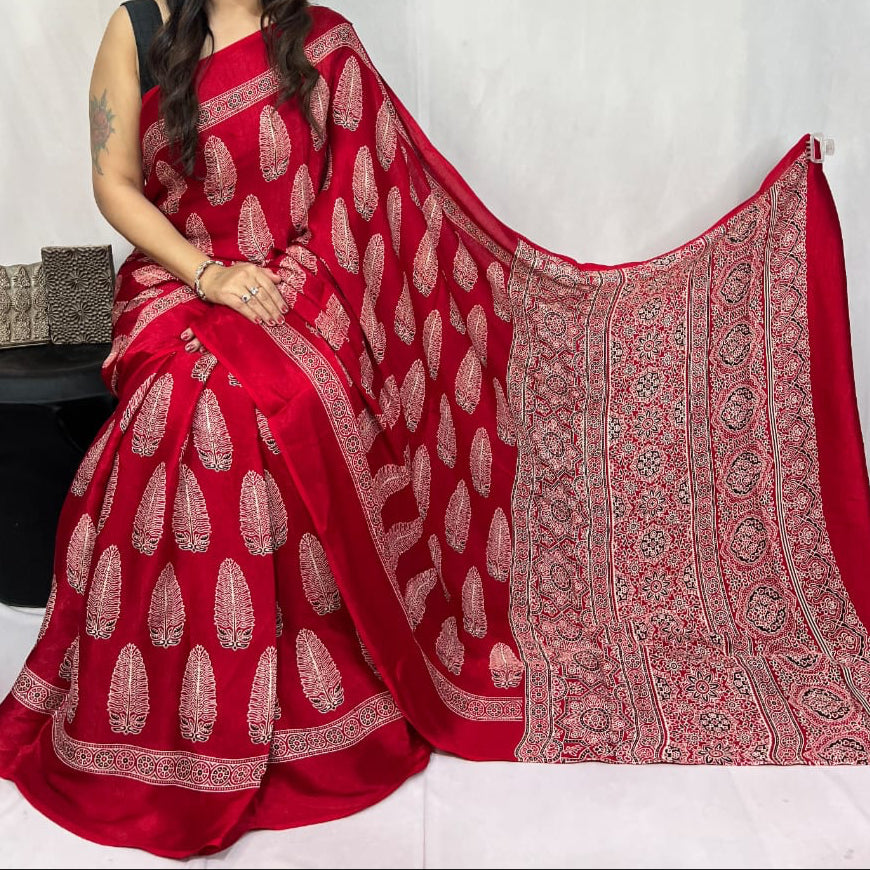 Mashroo Mix Modal Silk Ajrakh Saree- Red, CoffeeBrown, Magenta,Maroon,Indigo and more