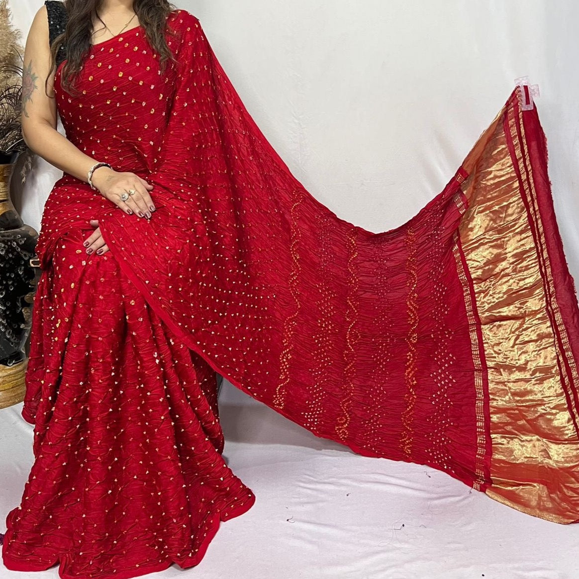 Modal Silk With Hand Dani Bandhej Saree with Lagdi Pallu - Pink, Yellow, Blue, Red, Mango, Teal