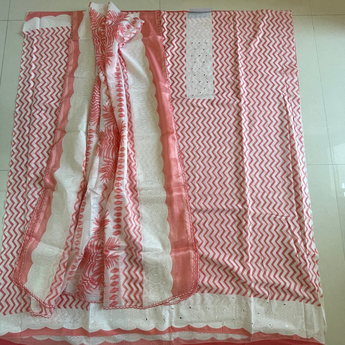 Pure Soft Cotton Unstitched Suit Material - White With Pink Kota Dupatta