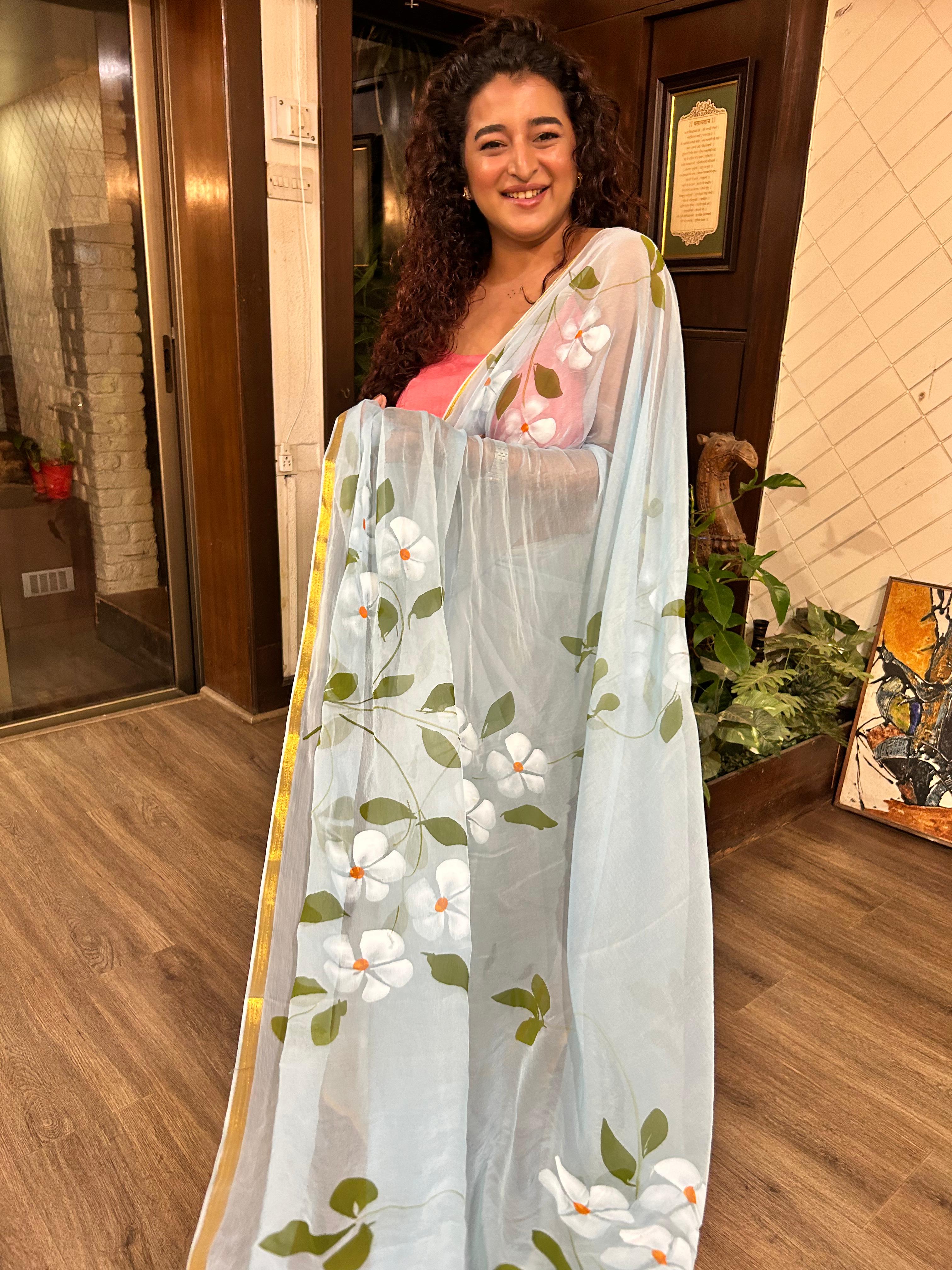 Hand-Painted chiffon Saree - Blue