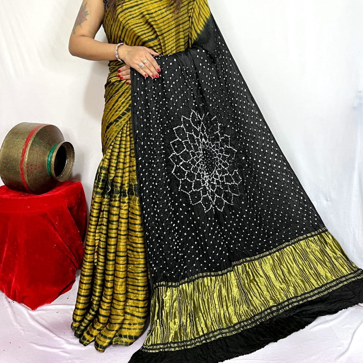 Leheriya Printed Art Silk Saree in Yellow : SPF5618