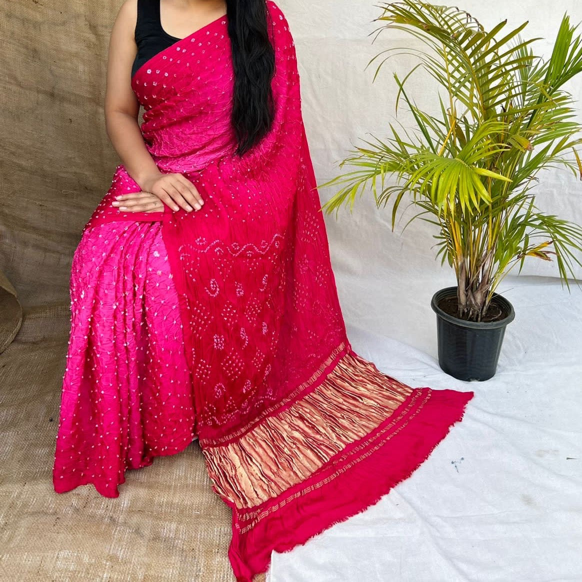 Modal Silk With Hand Dani Bandhej Saree with Lagdi Pallu - Pink, Yellow, Blue, Red, Mango, Teal