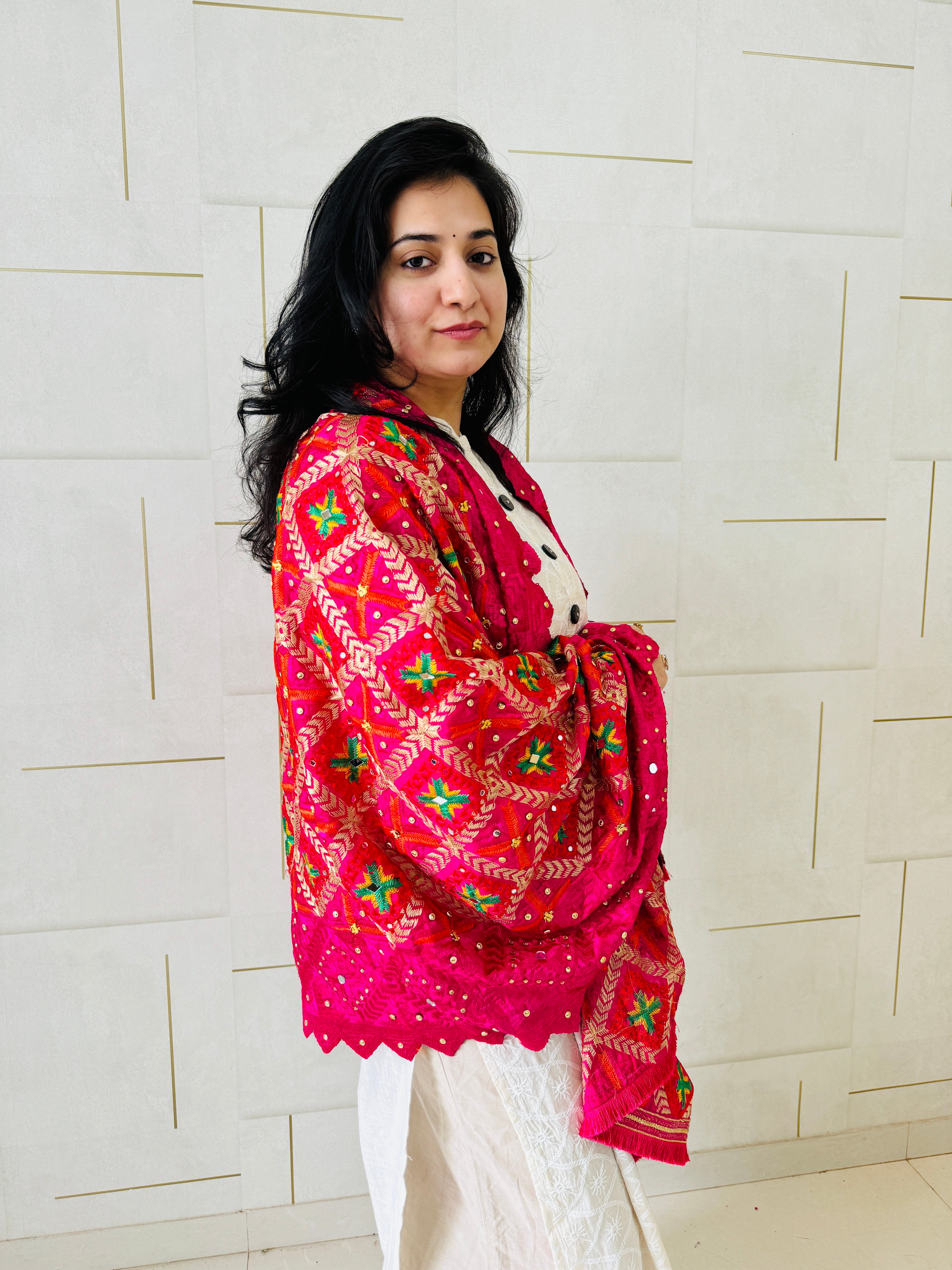 Phulkari Machine-Embroidered Chinnon Dupatta - Pink