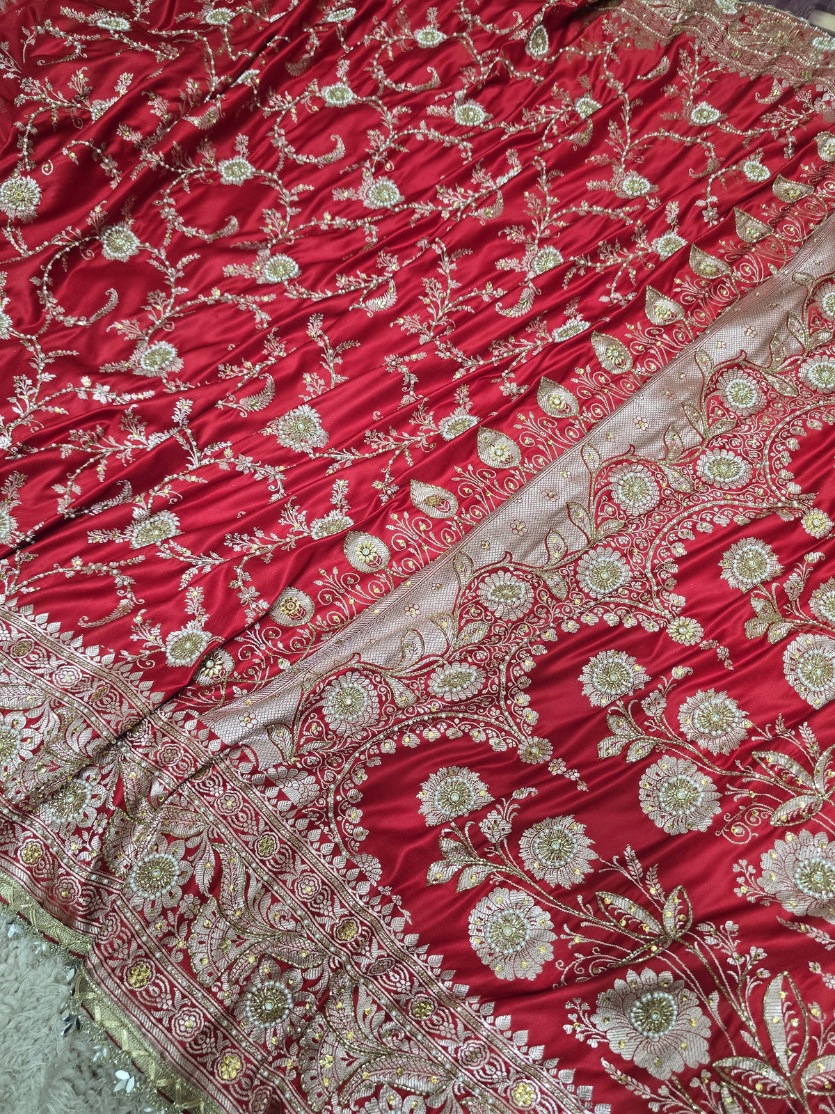 Banarasi Kataan Silk Saree With Beautiful Work- Red, Pink and Dyeable in Your Choice Of Colour