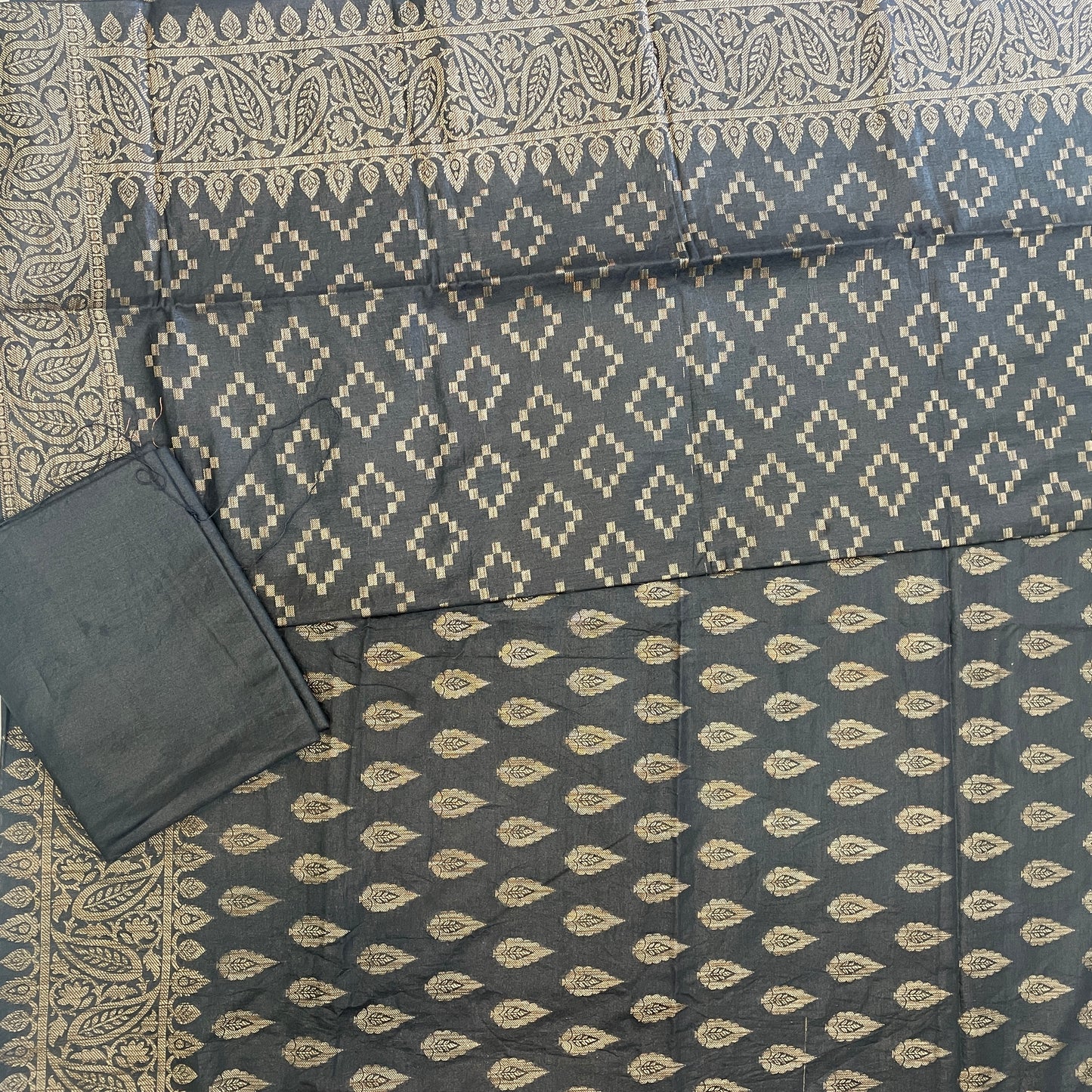Banarasi Cotton Silk Resham Unstitched Suit Material - Black