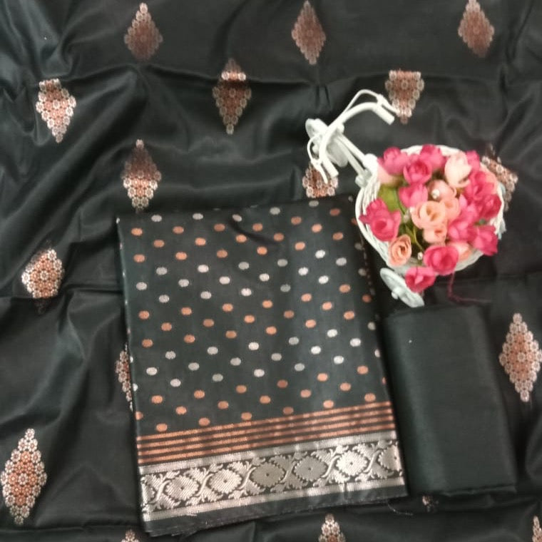 Banarasi Unstitched Suit Material Chiniya Silk with Meena Jari work - Black, Beige and various colours available