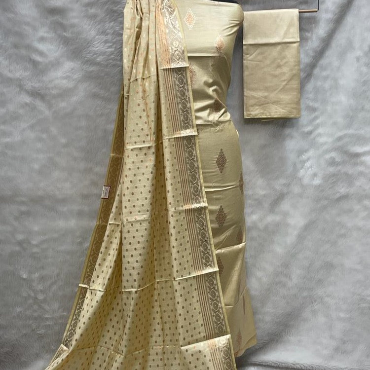 Banarasi Unstitched Suit Material Chiniya Silk with Meena Jari work - Black, Beige and various colours available
