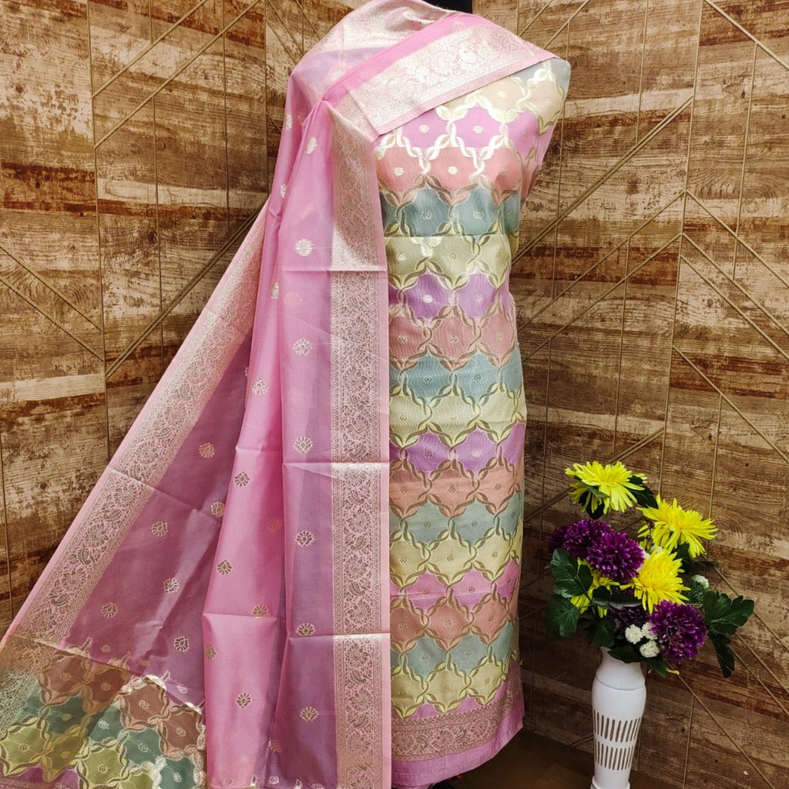 Banarasi Organza With Multi Colour Weaving Unstitched Suit Material - Pink, Yellow and ( Various Colours available)