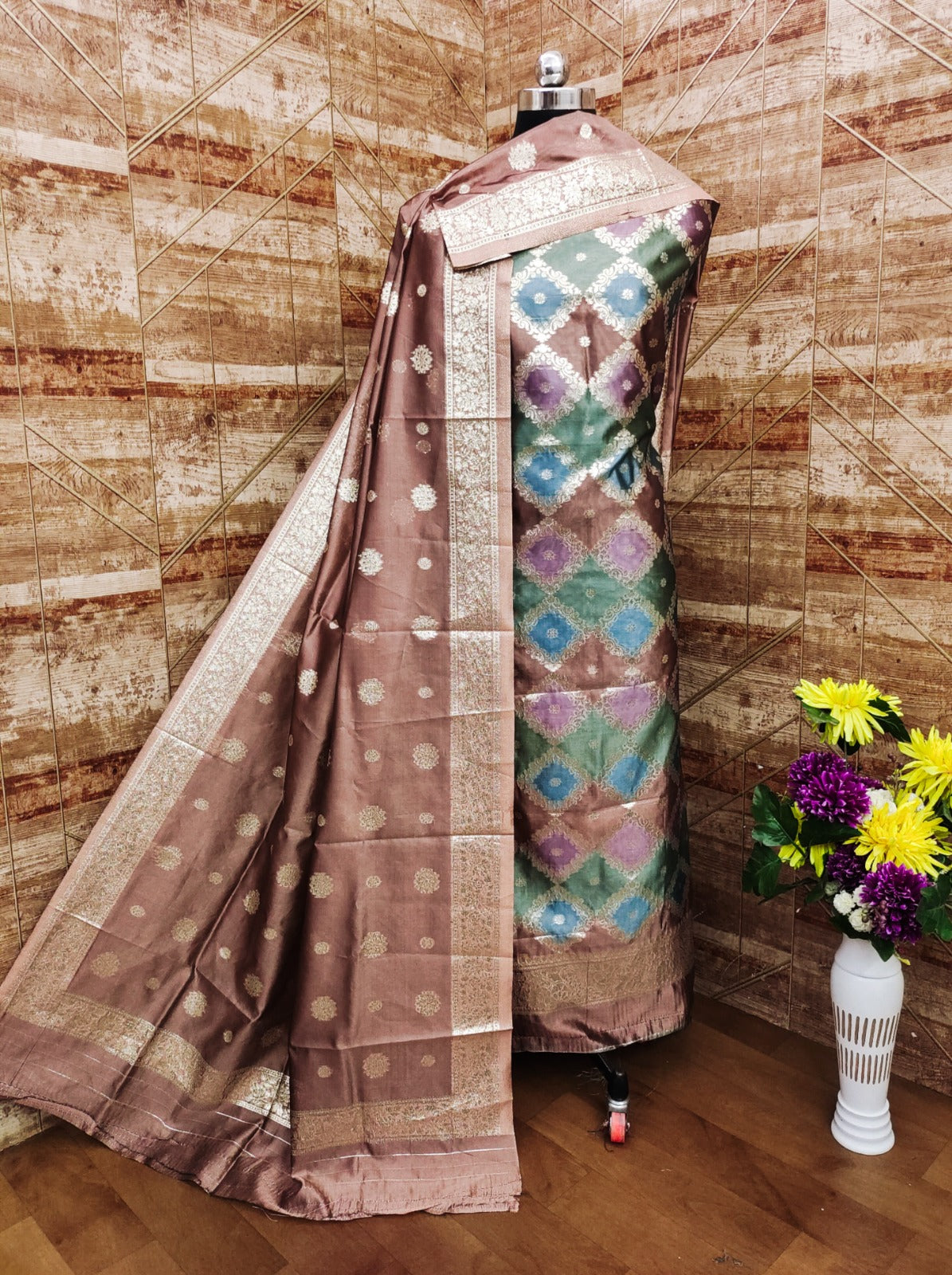 Banarasi Organza With Multi Colour Weaving Unstitched Suit Material - Pink, Yellow and ( Various Colours available)