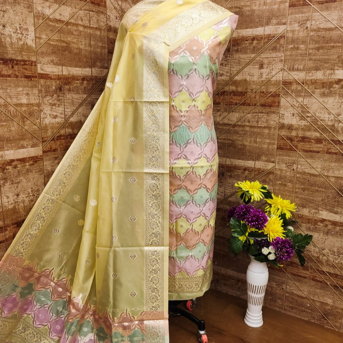 Banarasi Organza With Multi Colour Weaving Unstitched Suit Material - Pink, Yellow and ( Various Colours available)