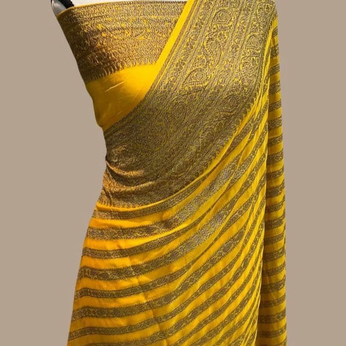 Banarasi Semi Georgette Silk Saree With Rich Jari Woven Pallu - Yellow, Pink, White, Black and Maroon