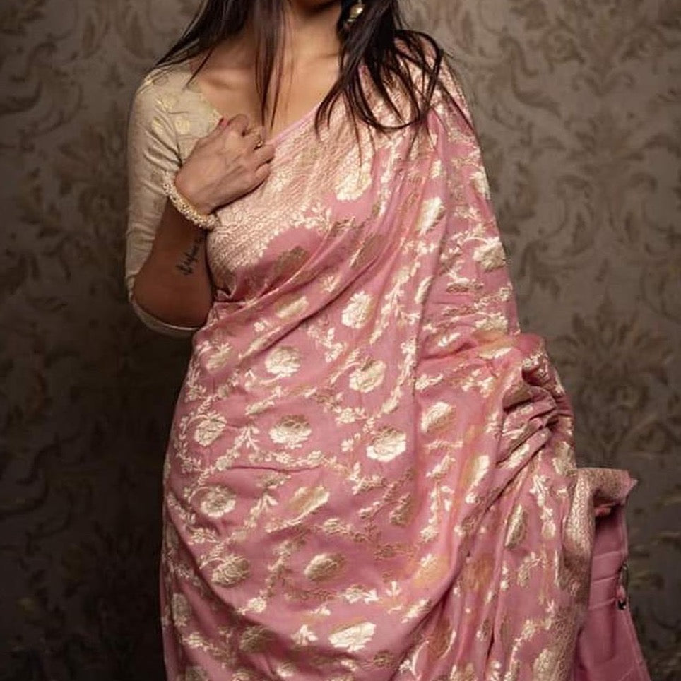 Banarasi Semi Georgette Silk Saree - Beige, Maroon, Sea Blue -Green, Onion Light Pink, Orange and Light Purple.
