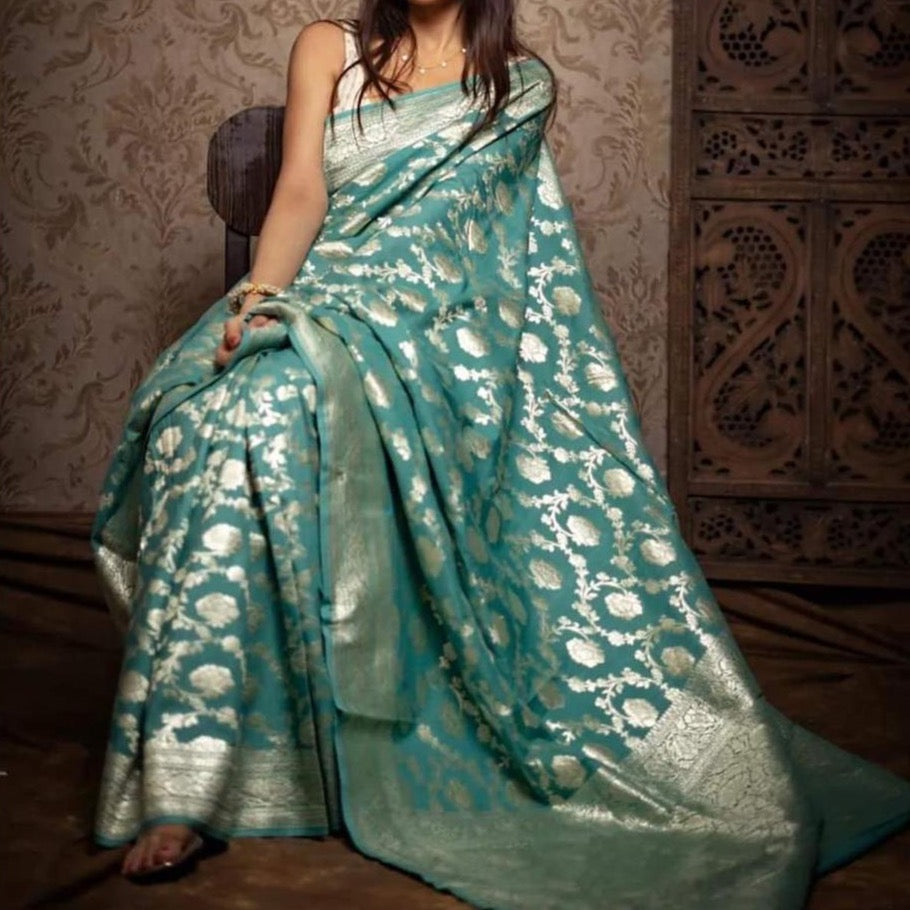 Banarasi Semi Georgette Silk Saree - Beige, Maroon, Sea Blue -Green, Onion Light Pink, Orange and Light Purple.