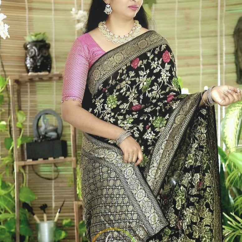 Pure Banarasi Khaddi Georgette Saree Black Color Booti Design – Banaras  Weaves