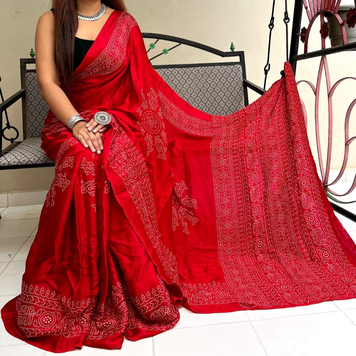 Modal Silk Ajrakh Saree With Natural Dyes -Maroon, Red, Bottle Green,Rani Pink, Blue, Navy Blue.