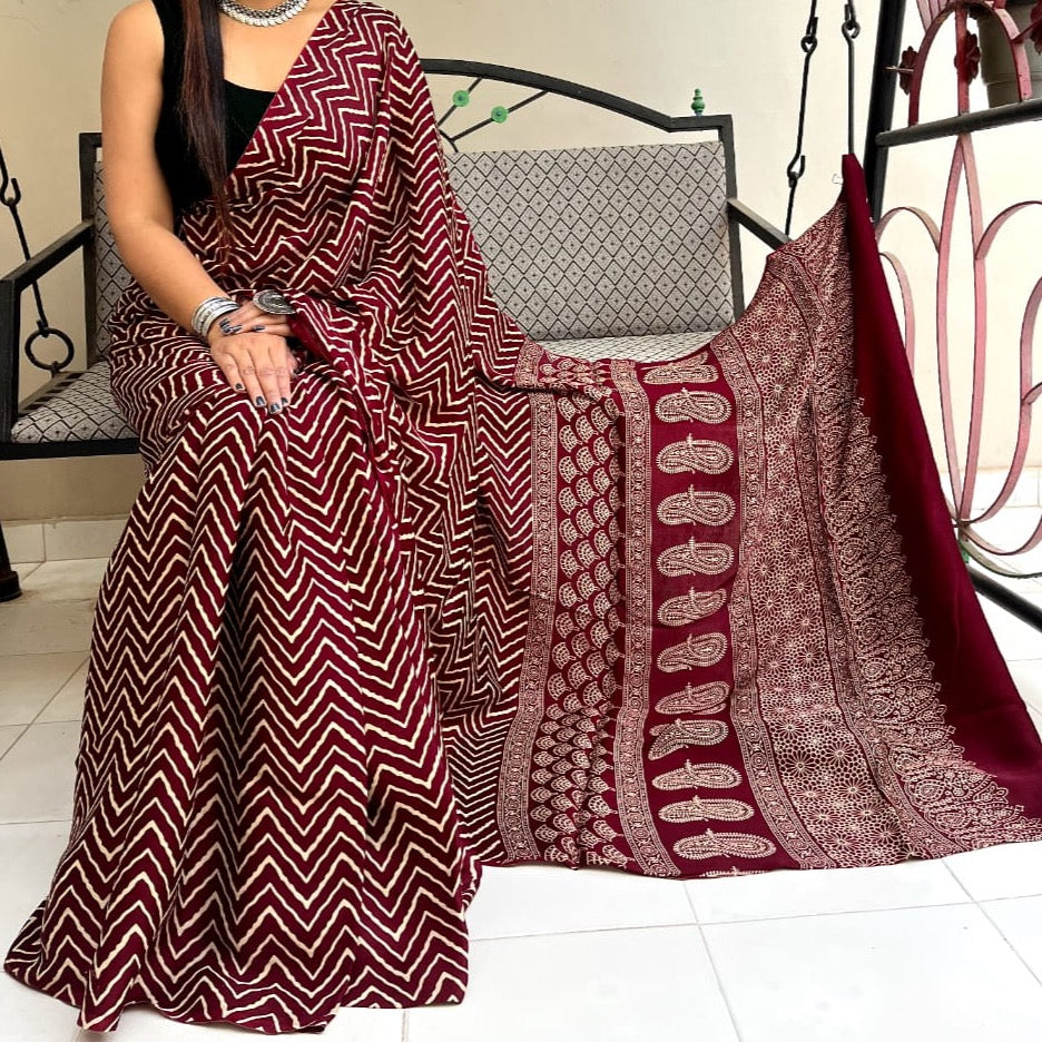 Modal Silk Ajrakh Saree With Natural Dyes - Red, Maroon, Black, Brown, Mustard Yellow, Bottle Green, Rani Pink, Navy Blue.
