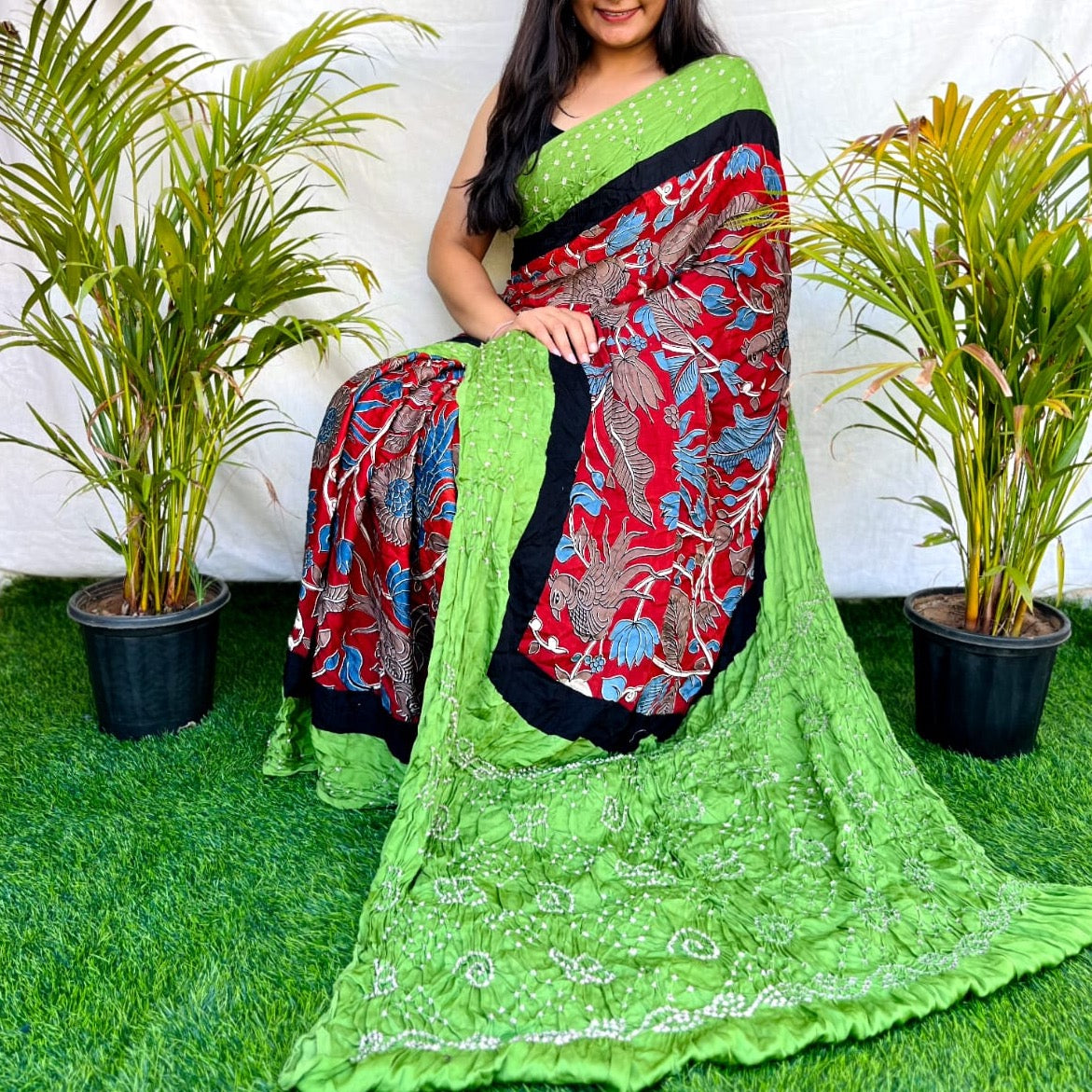 Modal Silk Ajrakh Saree With Natural Dyes - Black with Blue, Red with Green, White with Blue, Red with Blue, White with Red, White with Purple