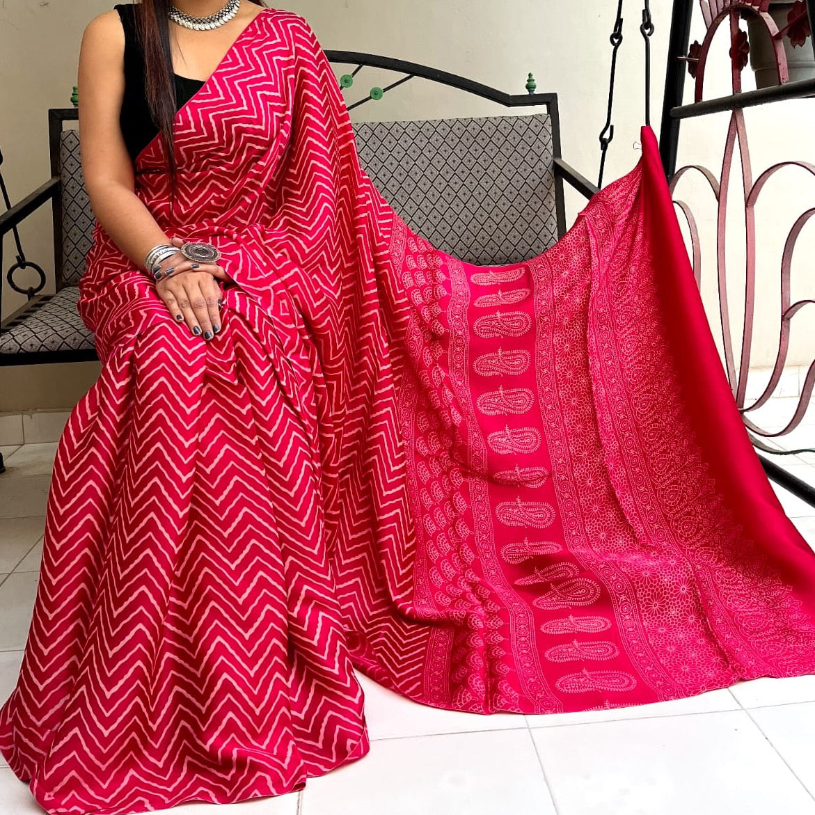 Modal Silk Ajrakh Saree With Natural Dyes - Red, Maroon, Black, Brown, Mustard Yellow, Bottle Green, Rani Pink, Navy Blue.