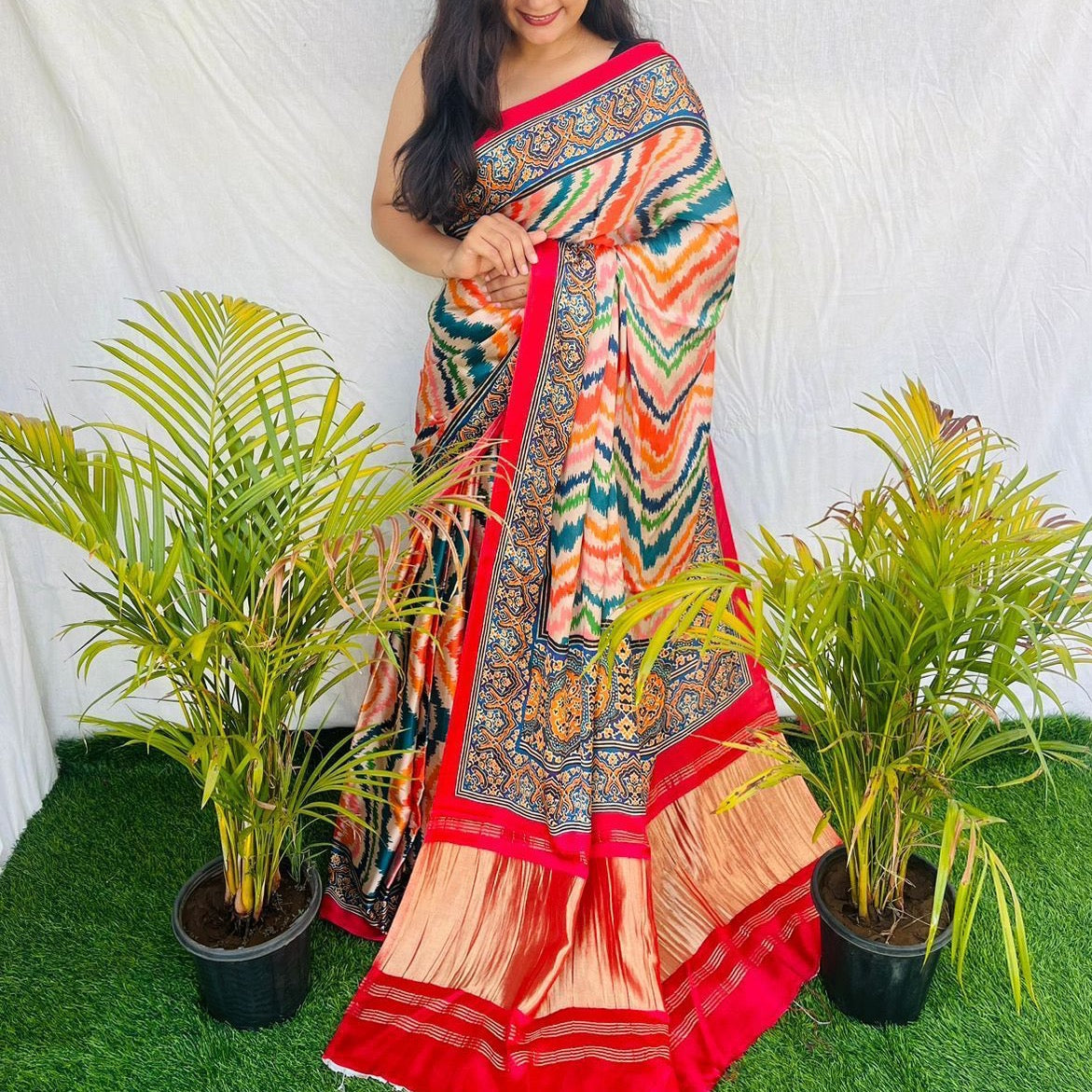 Modal Silk Ajrakh Saree With Digital Leheriya and Patola Print and Jari Pallu - White, Red, Pink, Blue, White and Red.