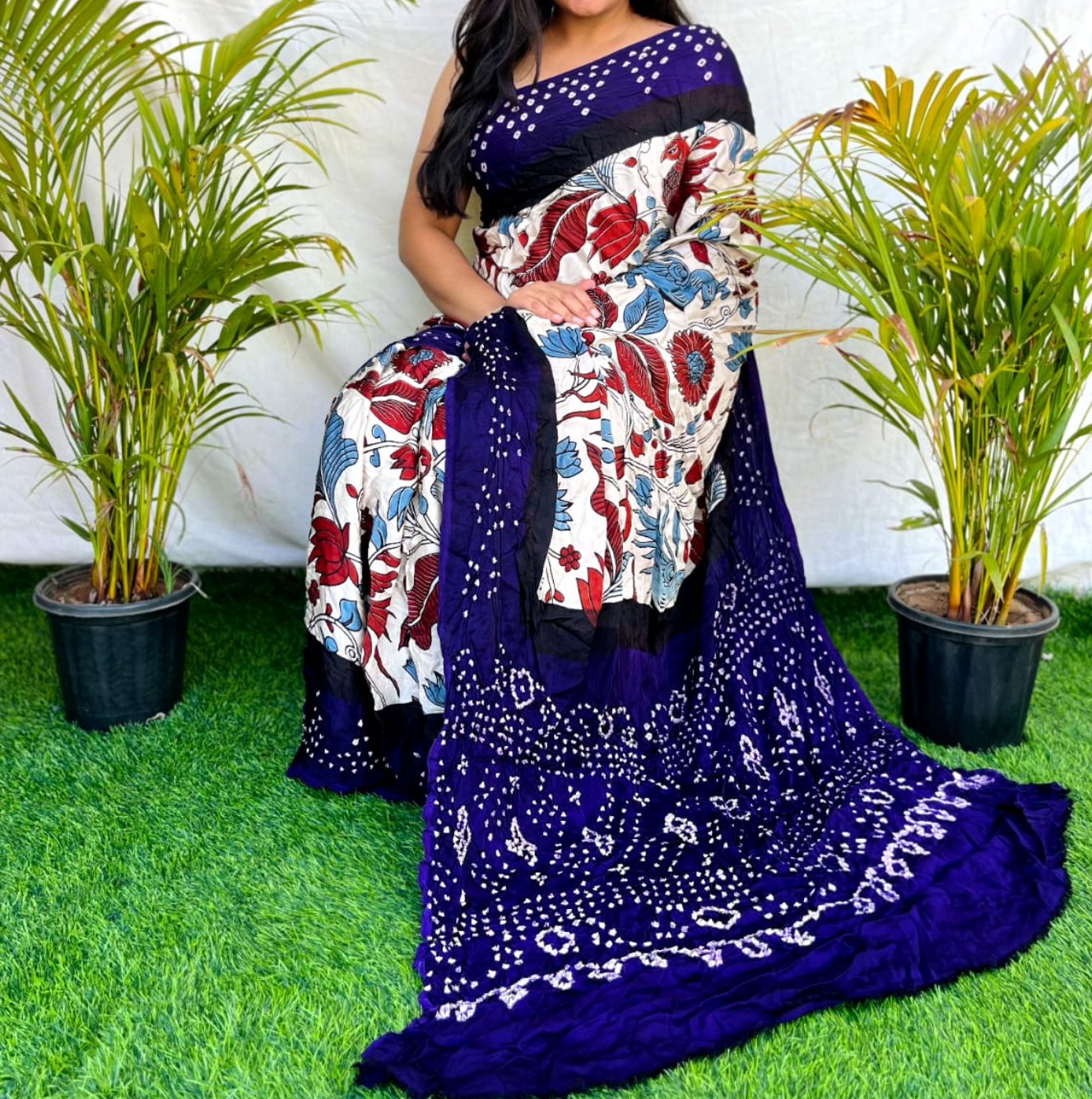 Modal Silk Ajrakh Saree With Natural Dyes - Black with Blue, Red with Green, White with Blue, Red with Blue, White with Red, White with Purple