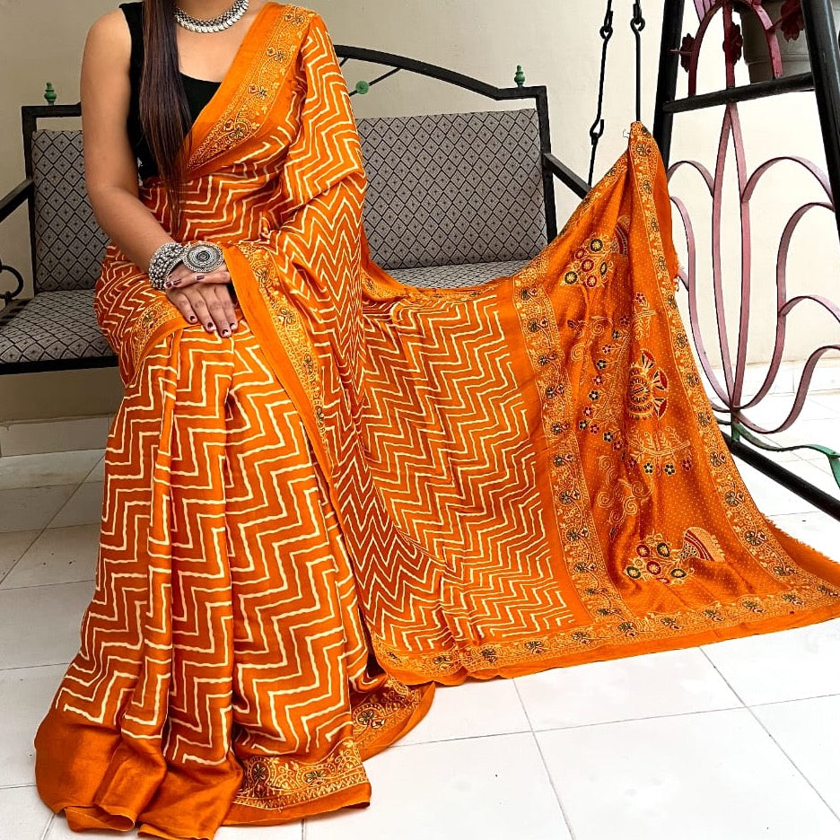 Modal Silk Ajrakh Saree With Natural Dyes - Orange, Navy Blue, Red, Black, Maroon.