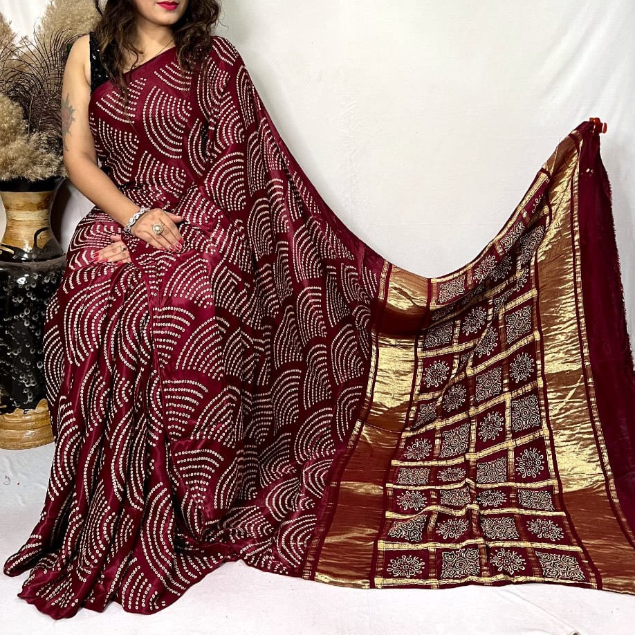 Modal Silk Ajrakh Saree With Natural Dyes - Black, Green, Red, Mustard, Hot Pink, Maroon, Purple Pink
