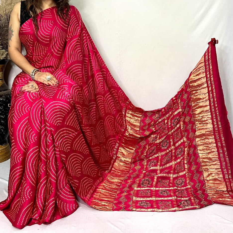 Modal Silk Ajrakh Saree With Natural Dyes - Black, Green, Red, Mustard, Hot Pink, Maroon, Purple Pink