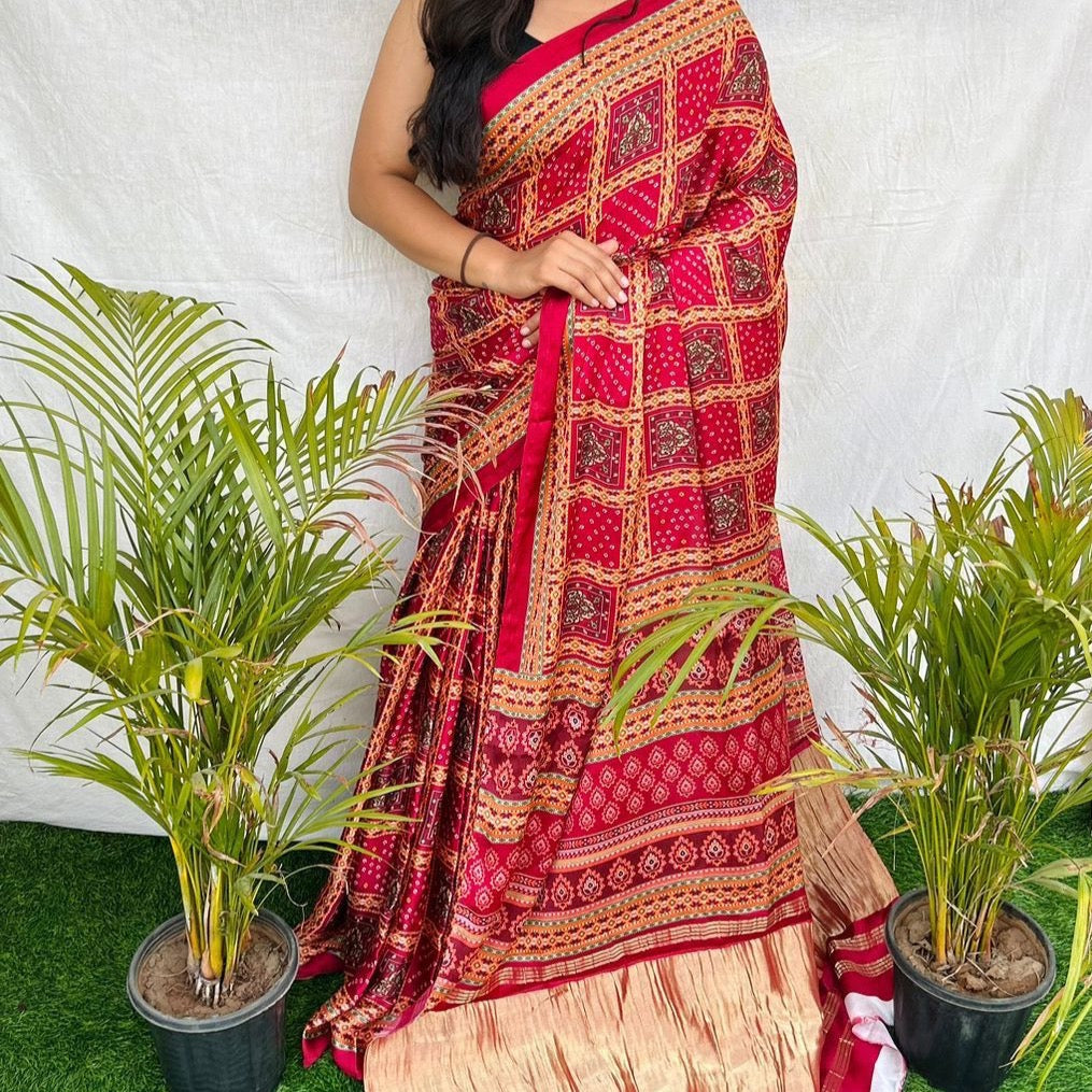 Modal Silk Ajrakh Saree With Digital Leheriya and Patola Print and Jari Pallu - White, Red, Pink, Blue, White and Red.