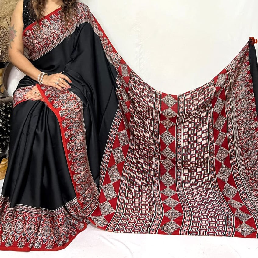 Modal Silk Ajrakh Saree With Natural Dyes - Red, Black, Blue