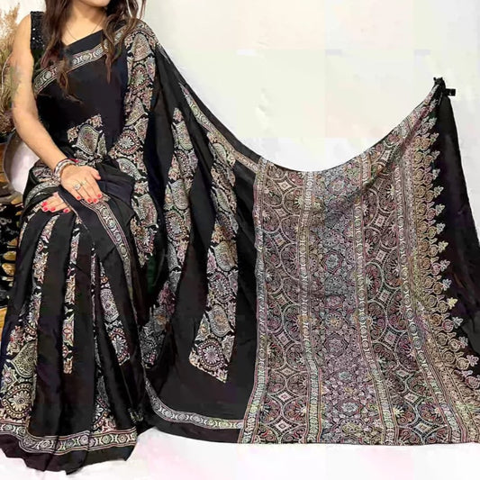 Modal Silk Ajrakh Saree With Natural Dyes - Red, Black, Blue