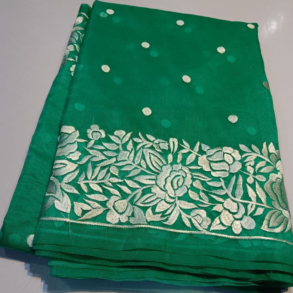 Banarasi Organza Sarees With Resham Embroidery - Green, Yellow, Blue