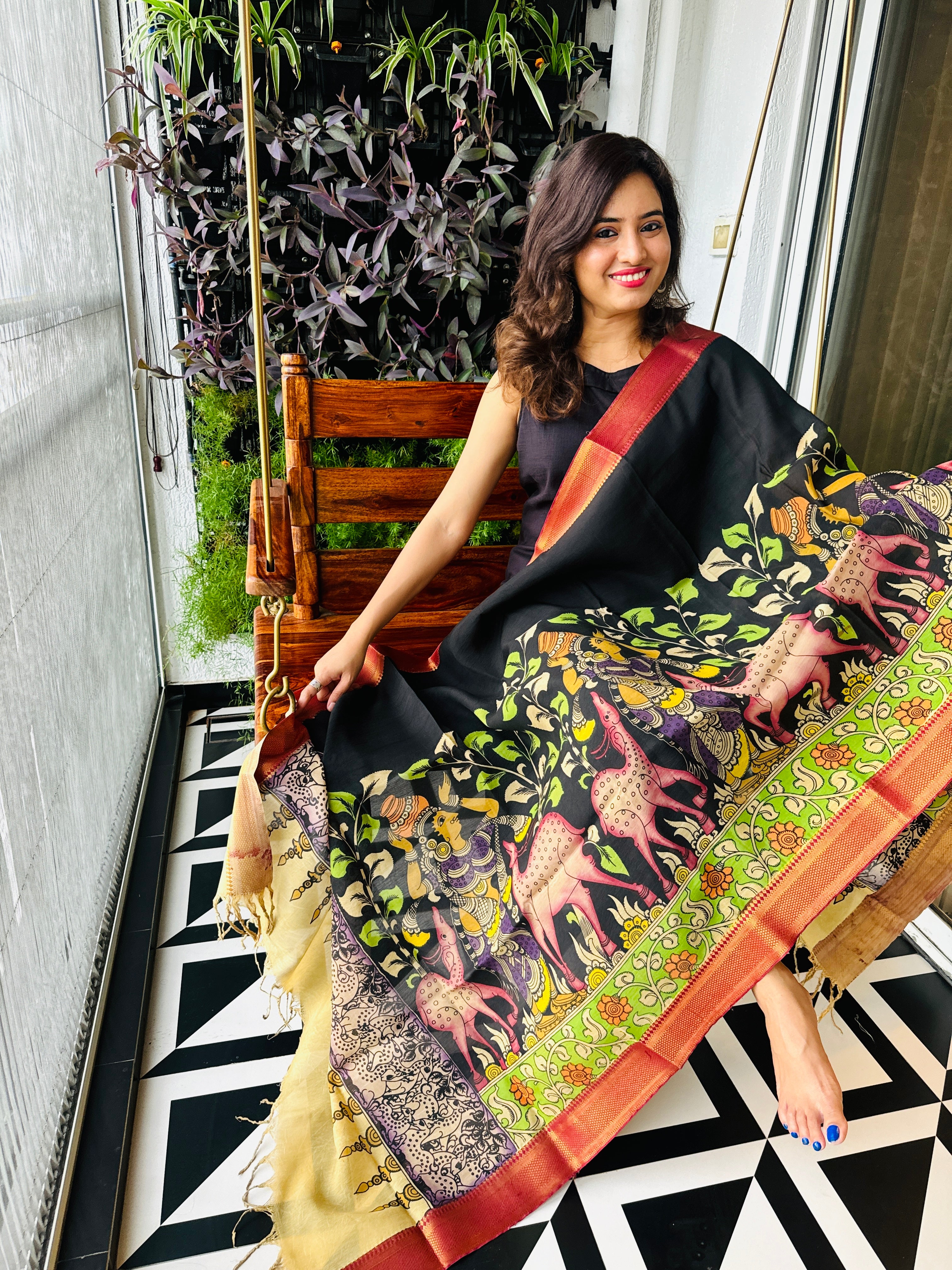 Pen Kalamkari Hand Painted Chinoor Silk Dupatta - Black with Red border